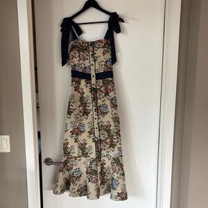 NWT Mable brocade Floral tie strap Midi Dress with flounce hem